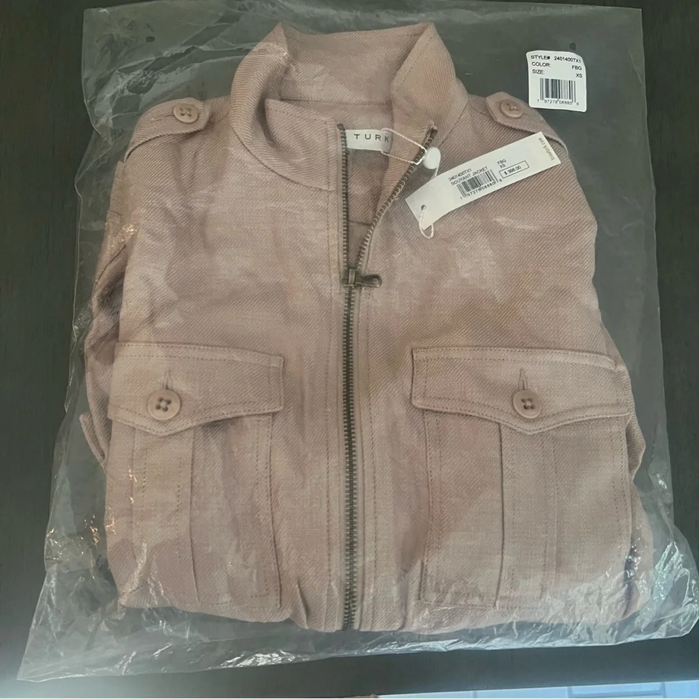 Trina Turk Full Zip Lightweight Bouyant Tunic Jacket Cinched Waist Beige Pink XS